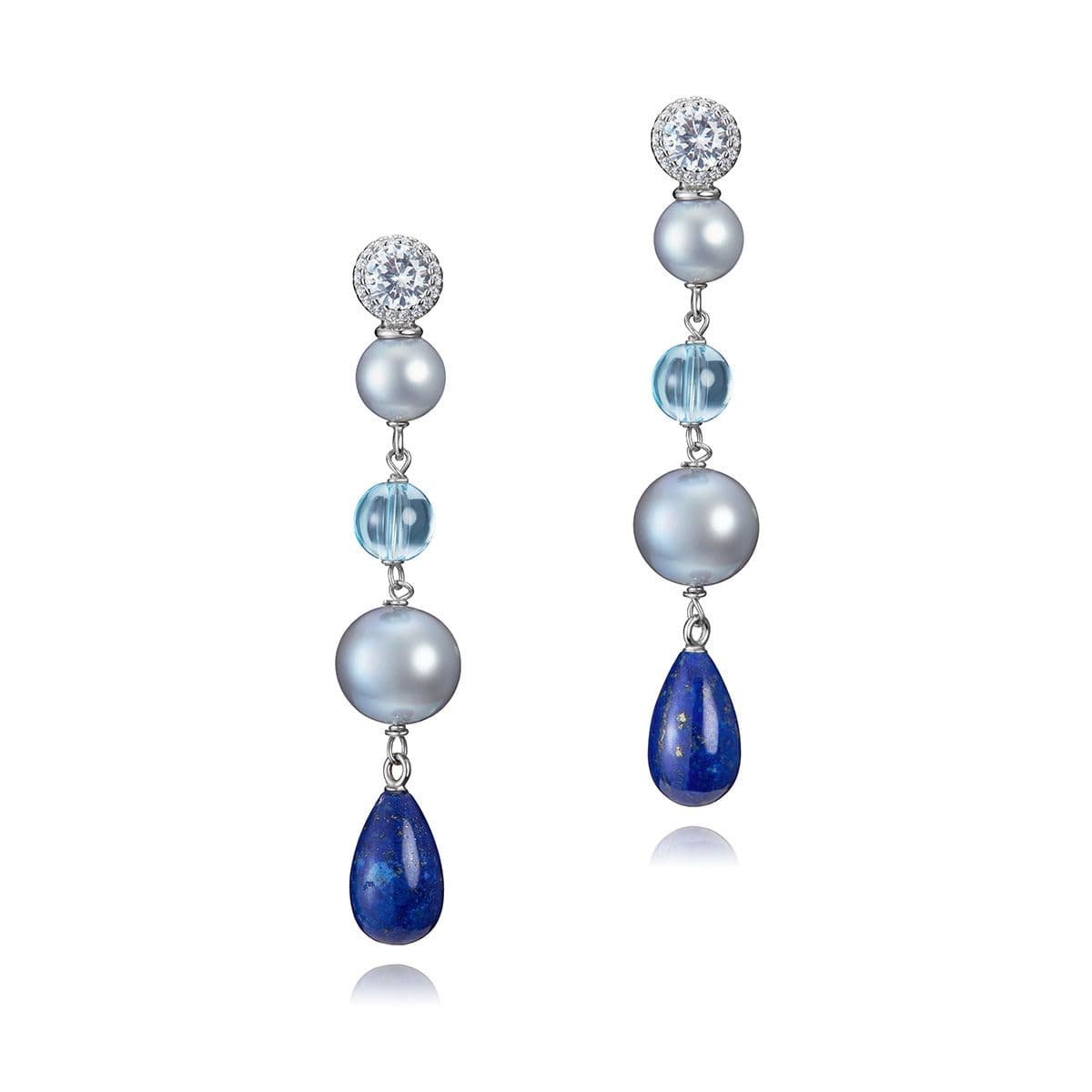 Серебряные серьги Bellissimo от Nasonpearl с серым жемчугом, кварцем, лазуритами и циркониями