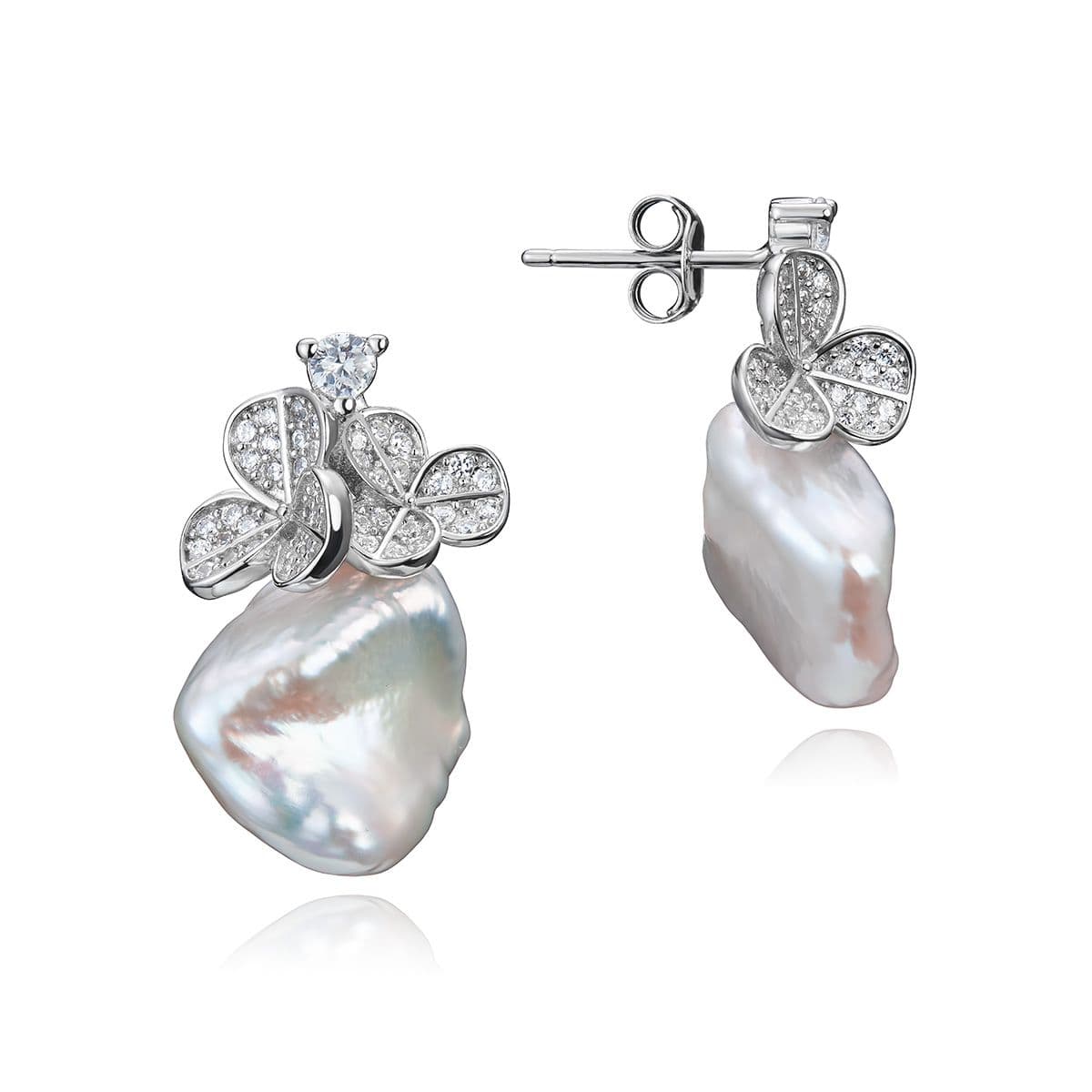Серебряные серьги Коммелина от Nasonpearl с крупным жемчугом Кеши и циркониями