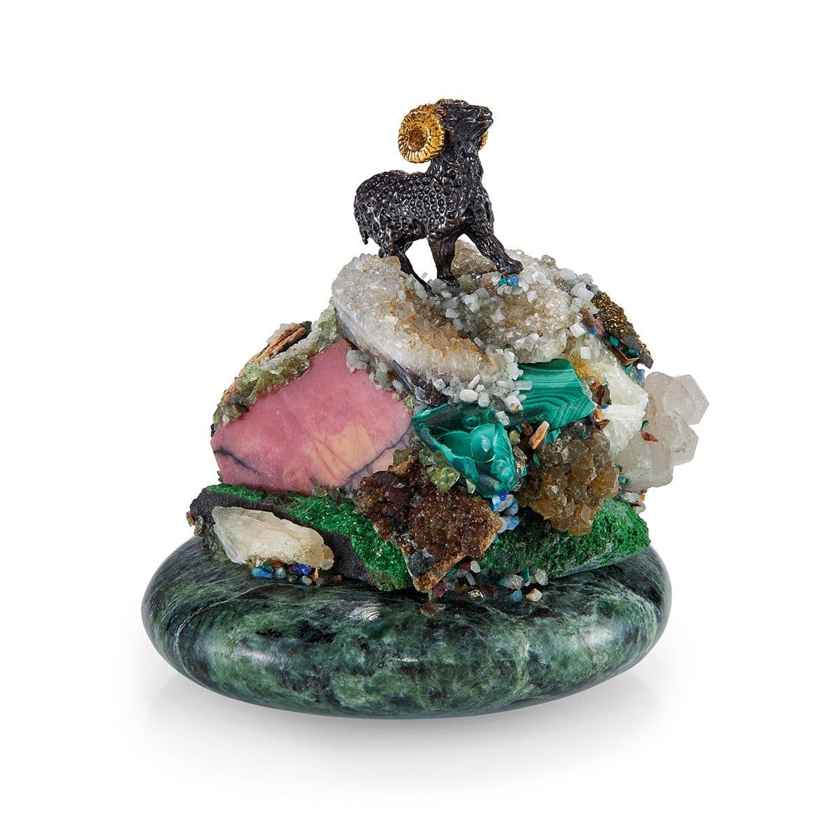 Сувенир Барашек из змеевика, малахита, кварца, лазурита, сердолика от MOISEIKIN. Бронза