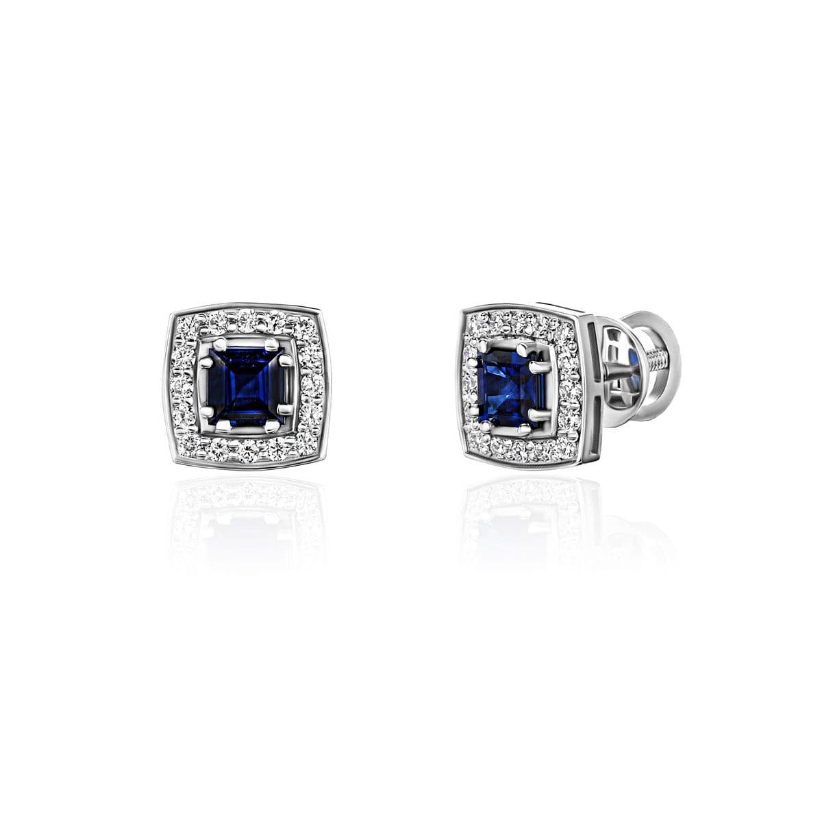 Серьги-пусеты из белого золота с бриллиантами и сапфирами от GEMGALLERY
