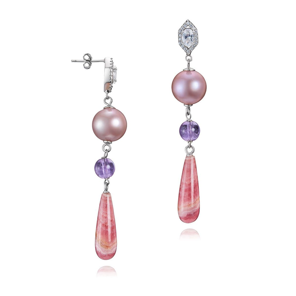 Серебряные серьги Bellissimo с жемчугом, родохрозитами, кварцем и циркониями
