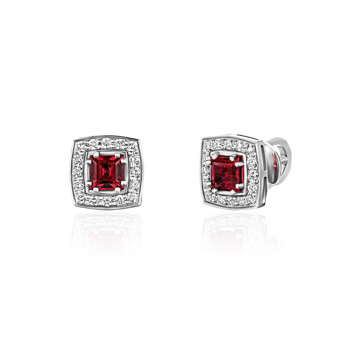 Серьги-пусеты от GEMGALLERY из белого золота с бриллиантами и рубинами